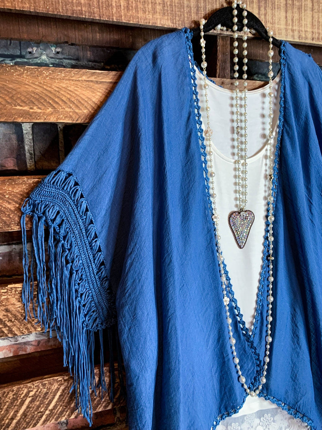 LIVING FREE BOHO CROCHET FRINGE KIMONO IN DENIM BLUE