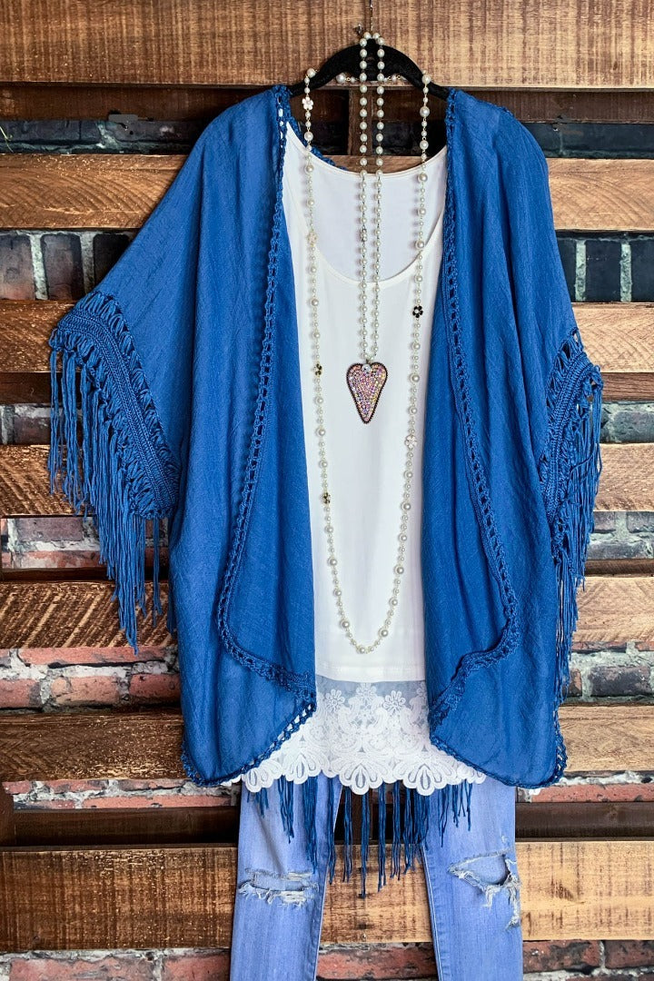 LIVING FREE BOHO CROCHET FRINGE KIMONO IN DENIM BLUE