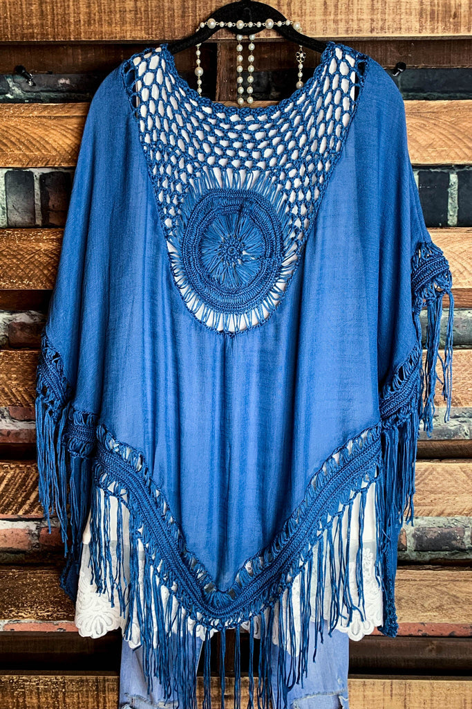 LIVING FREE BOHO CROCHET FRINGE KIMONO IN BLUE DENIM