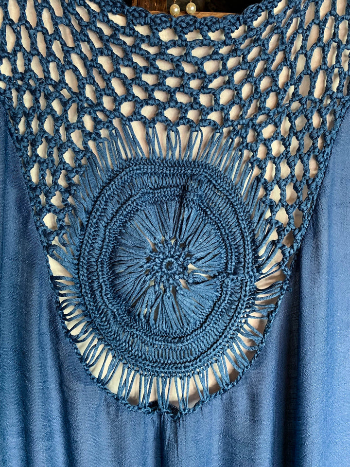 LIVING FREE BOHO CROCHET FRINGE KIMONO IN DENIM BLUE