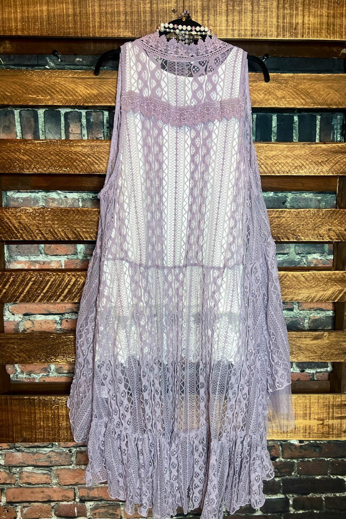 TIMELESS GLAMOUR LAVENDER LACE VEST DUSTER