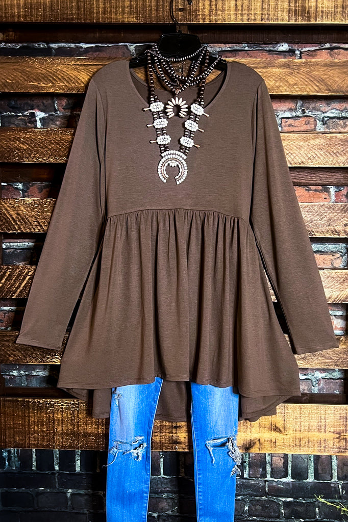 JUST THE SIMPLE THINGS BABYDOLL TOP IN BROWN