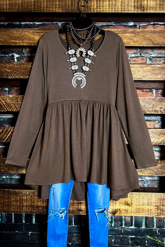 JUST THE SIMPLE THINGS BABYDOLL TOP IN BROWN