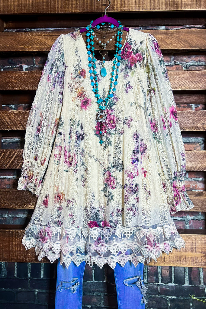 THE WAY YOU LOVE ME LACE TUNIC IN BEIGE & FLORAL MULTI-COLOR