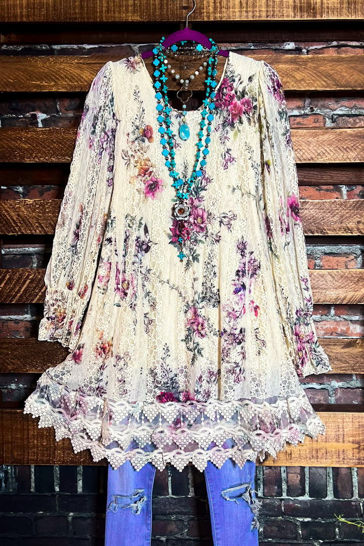 THE WAY YOU LOVE ME LACE TUNIC IN BEIGE & FLORAL MULTI-COLOR