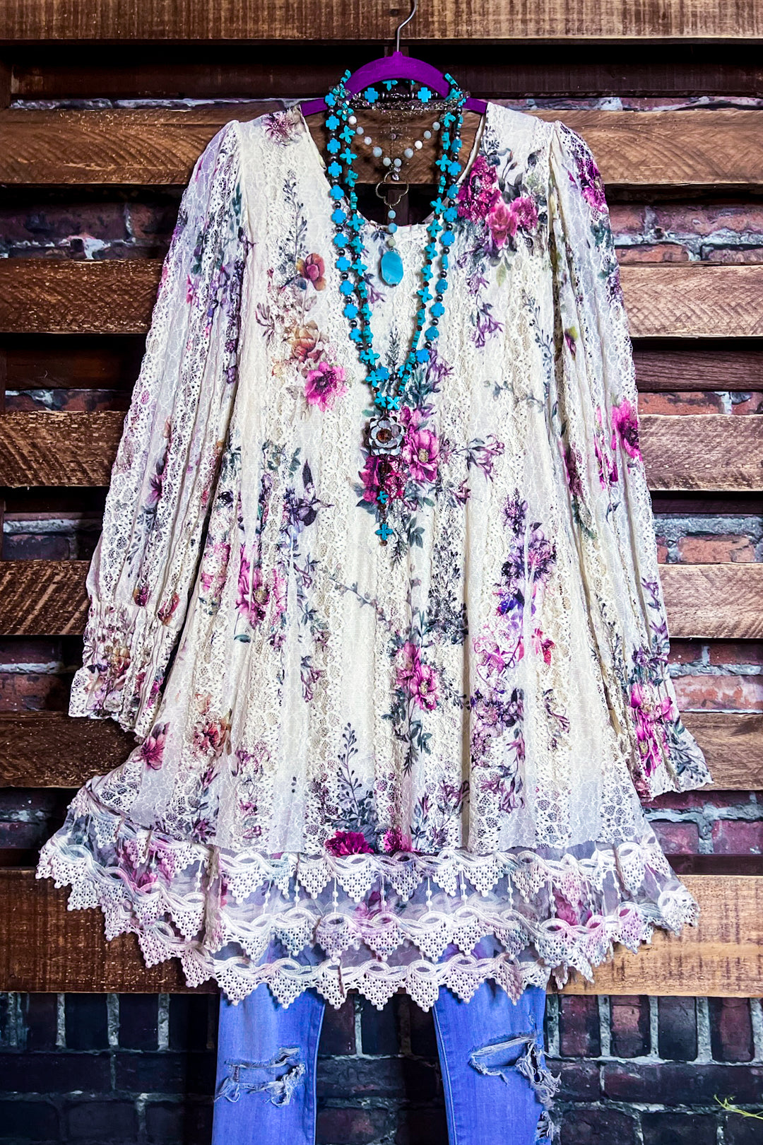 THE WAY YOU LOVE ME LACE TUNIC IN BEIGE & FLORAL MULTI-COLOR