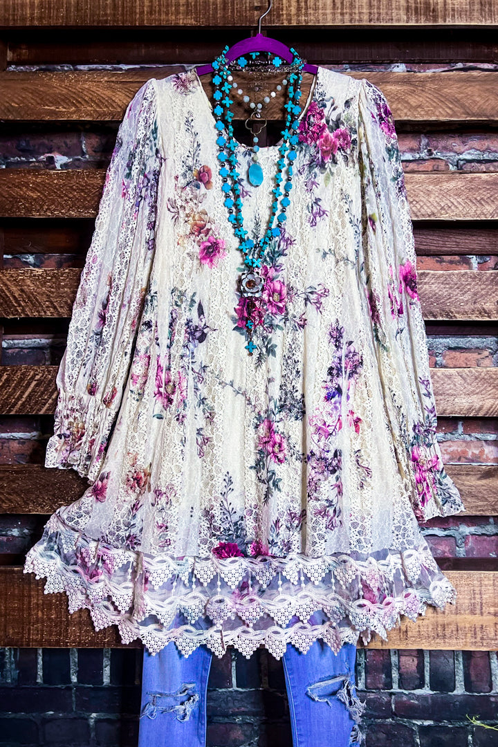 THE WAY YOU LOVE ME LACE TUNIC IN BEIGE & FLORAL MULTI-COLOR