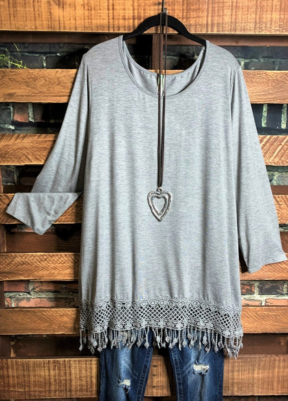 14-16 T-SHIRT TUNIC FRINGE LACE IN GRAY------------SALE