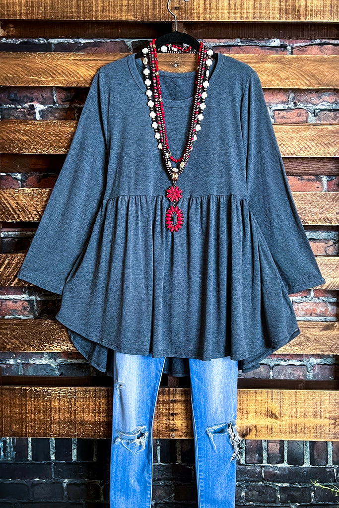 TIME OF OUR LIFE CHARCOAL BABYDOLL TOP