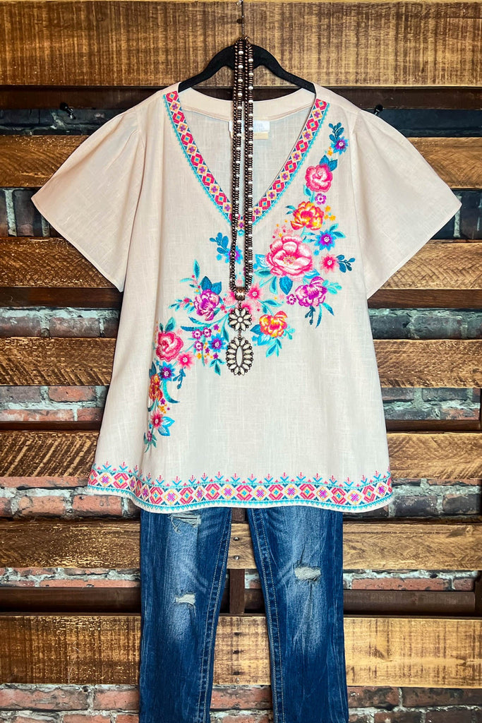 Precious Passion Natural 100% Cotton Floral Embroidered Top