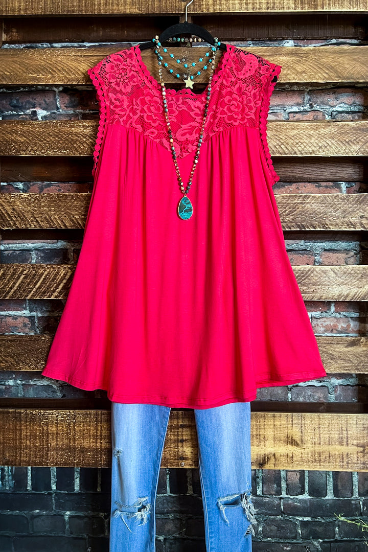 LOVELY WAYS LACE TOP IN RED CORAL----------SALE