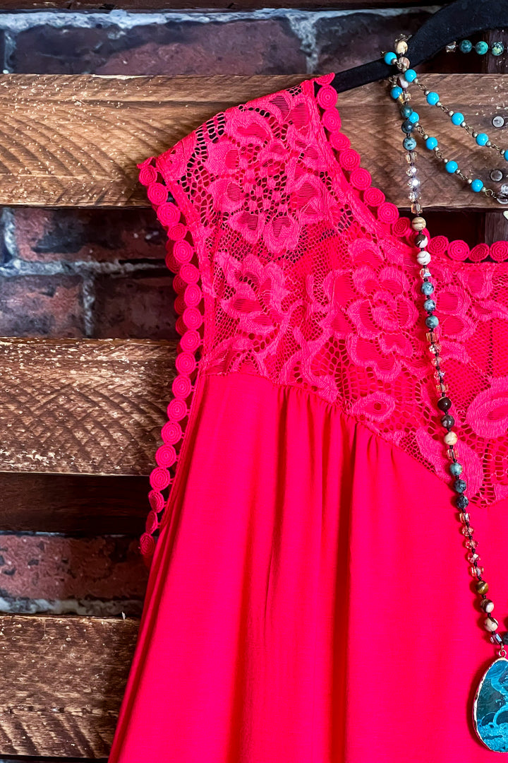 LOVELY WAYS LACE TOP IN RED CORAL----------SALE