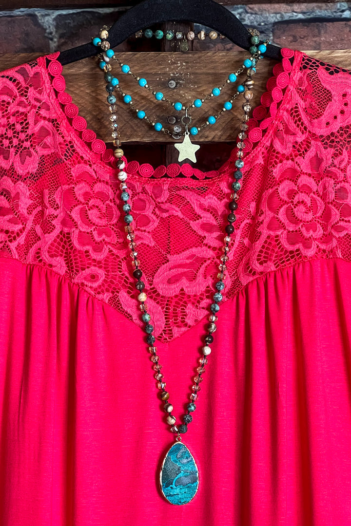 LOVELY WAYS LACE TOP IN RED CORAL----------SALE