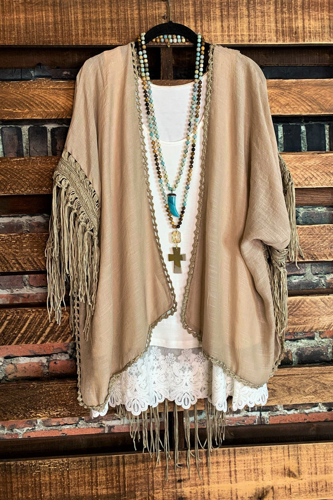 LIVING FREE BOHO CROCHET FRINGE KIMONO IN MOCHA