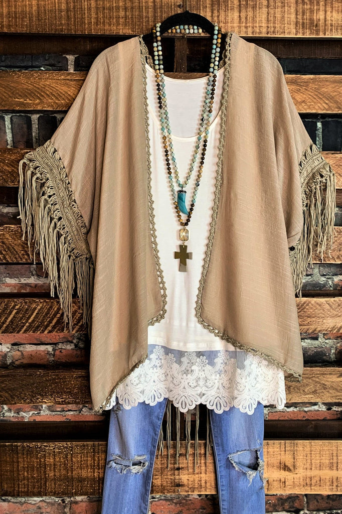 LIVING FREE BOHO CROCHET FRINGE KIMONO IN MOCHA