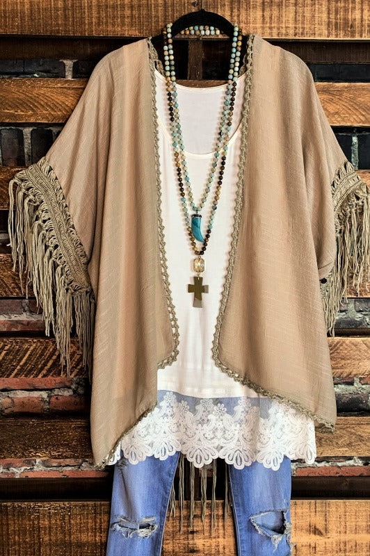 LIVING FREE BOHO CROCHET FRINGE KIMONO IN MOCHA