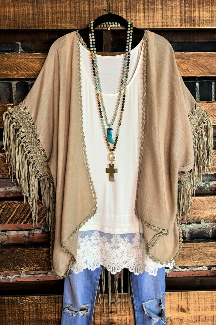 LIVING FREE BOHO CROCHET & FRINGE KIMONO IN MOCHA