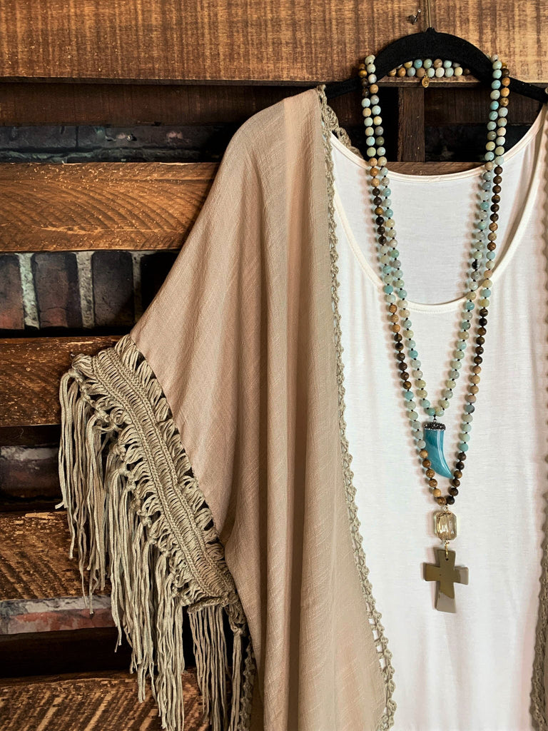 LIVING FREE BOHO CROCHET FRINGE KIMONO IN MOCHA