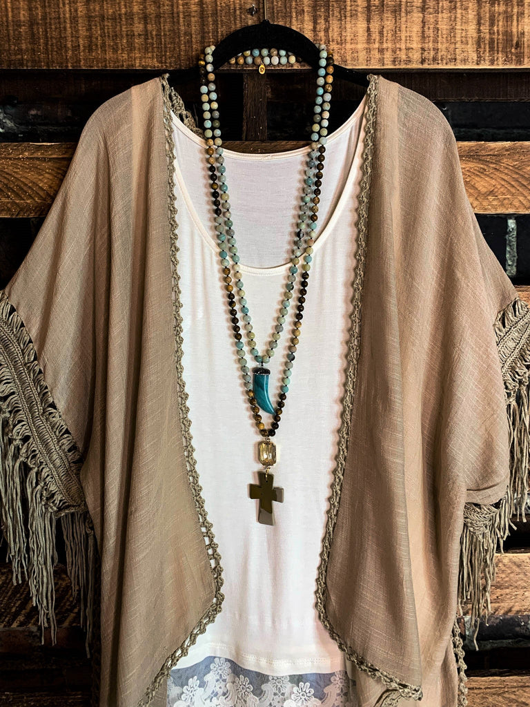LIVING FREE BOHO CROCHET FRINGE KIMONO IN MOCHA