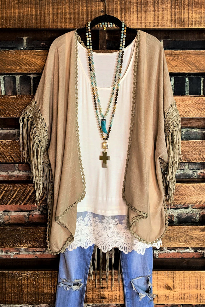 LIVING FREE BOHO CROCHET FRINGE KIMONO IN MOCHA