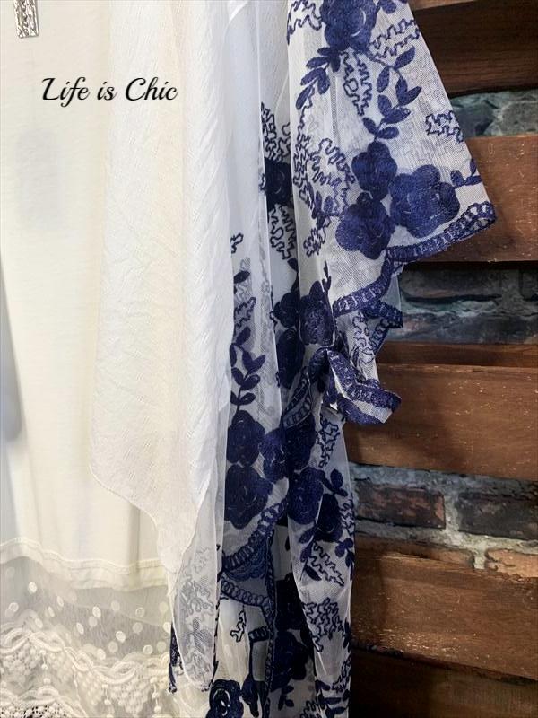 FLEUR DE LIS LACE EMBROIDERED KIMONO IN NAVY & WHITE--------SALE