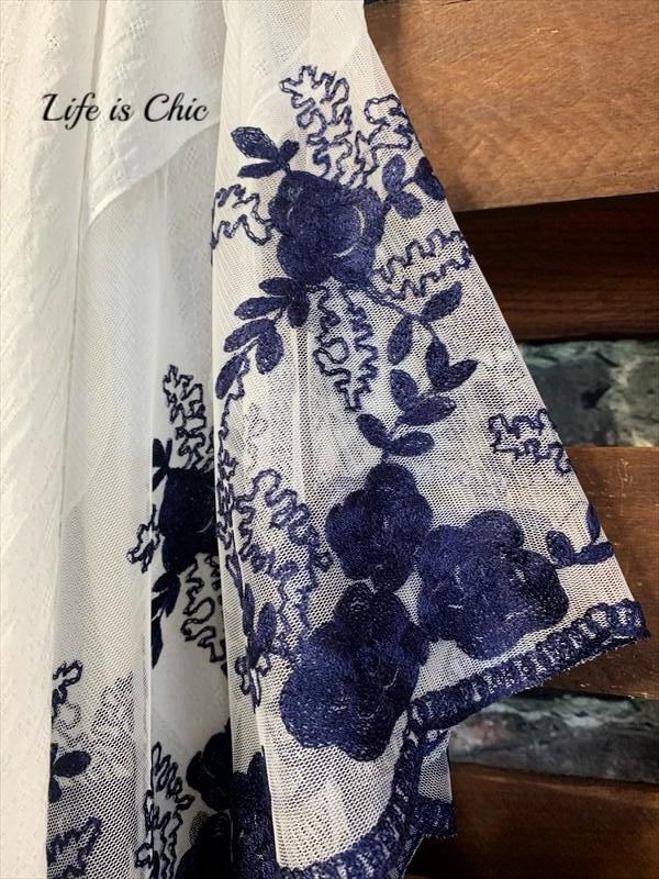 FLEUR DE LIS LACE EMBROIDERED KIMONO IN NAVY & WHITE--------SALE