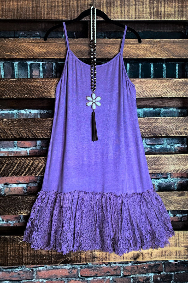LOVE ME ALWAYS SHABBY LACE LAYERING SLIP DRESS EXTENDER IN PURPLE