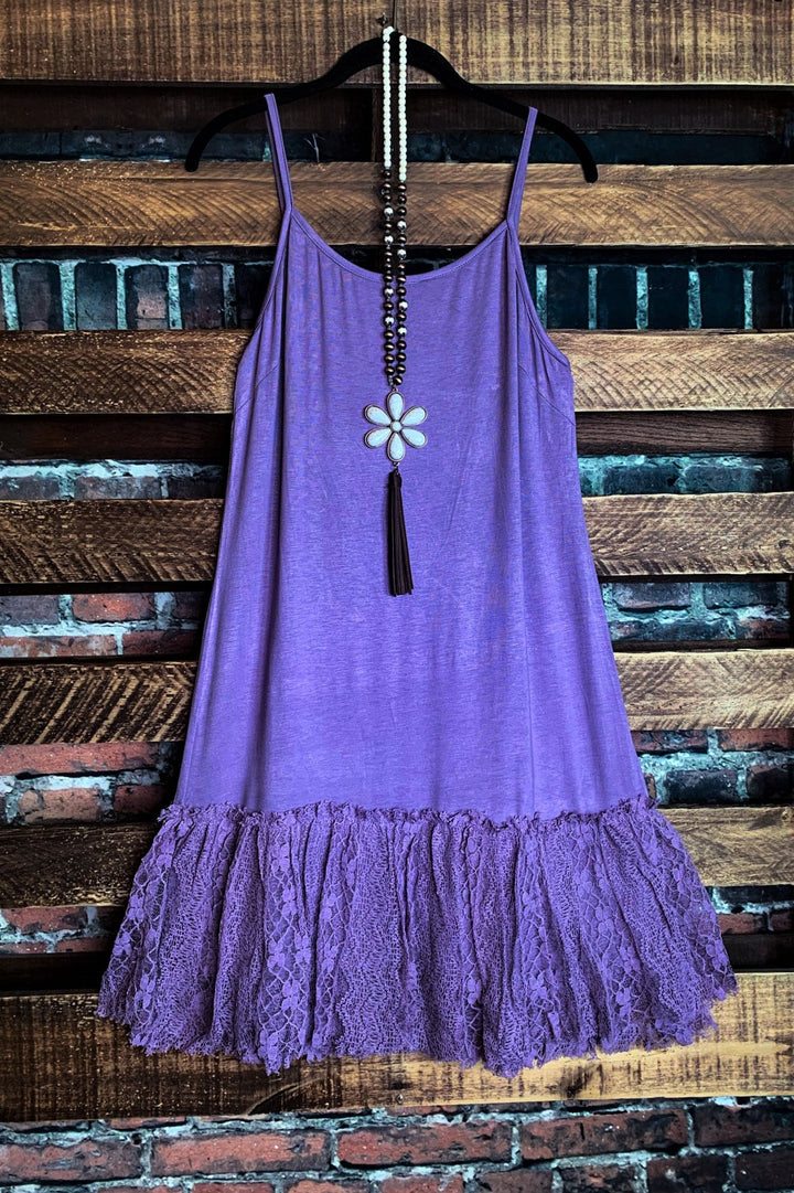LOVE ME ALWAYS SHABBY LACE LAYERING SLIP DRESS EXTENDER IN PURPLE