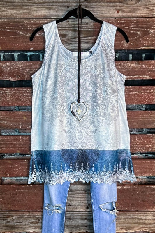 AN AFFAIR TO REMEMBER LACE EMBROIDERED TOP IN NAVY BLUE