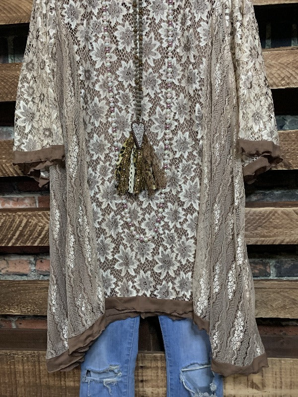 INSPIRED BY BEAUTY LACE TUNIC IN TAUPE & BROWN------------SALE