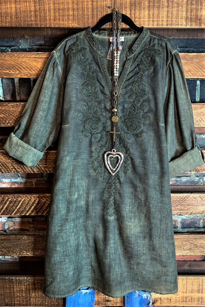 KEEP LOVE ALIVE EMBROIDERED OLIVE DRESS-TUNIC