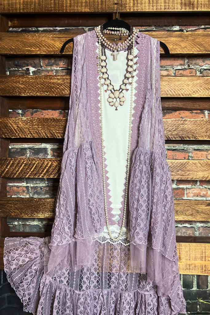 TIMELESS GLAMOUR LAVENDER LACE VEST DUSTER