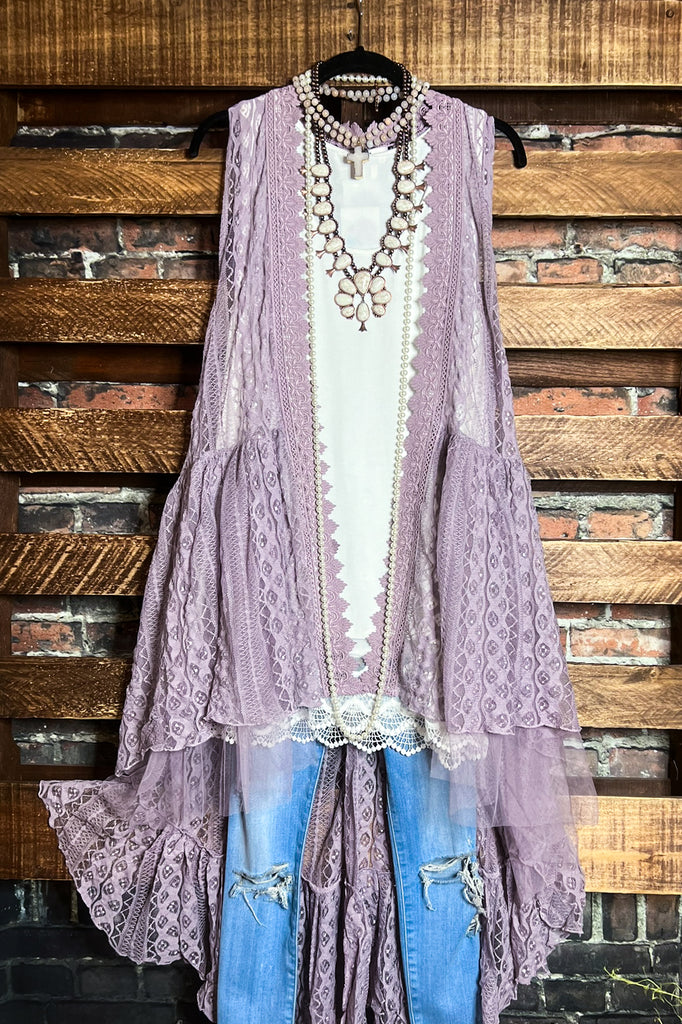 TIMELESS GLAMOUR LAVENDER LACE VEST DUSTER