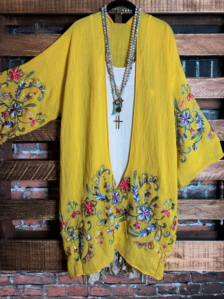 GO WITH GRACE MUSTARD FLORAL EMBROIDERED KIMONO