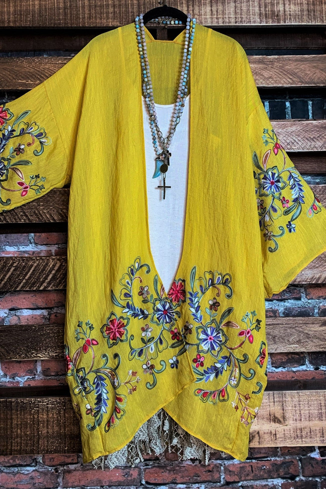 GO WITH GRACE MUSTARD FLORAL EMBROIDERED KIMONO