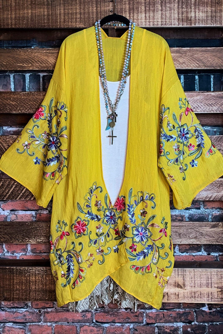 GO WITH GRACE MUSTARD FLORAL EMBROIDERED KIMONO