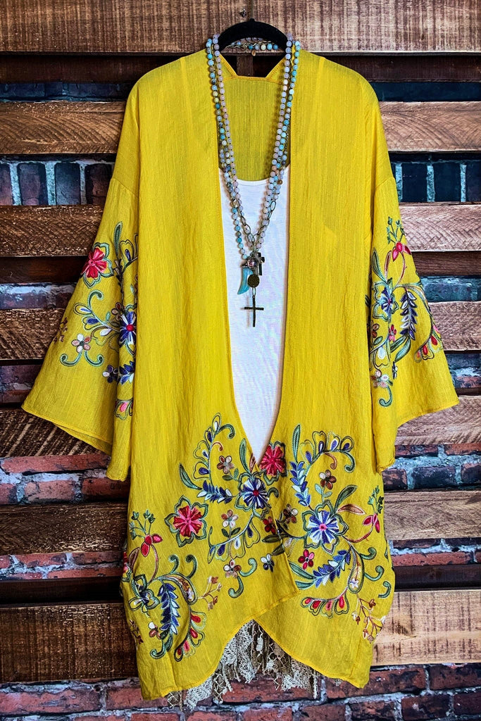 GO WITH GRACE MUSTARD FLORAL EMBROIDERED KIMONO