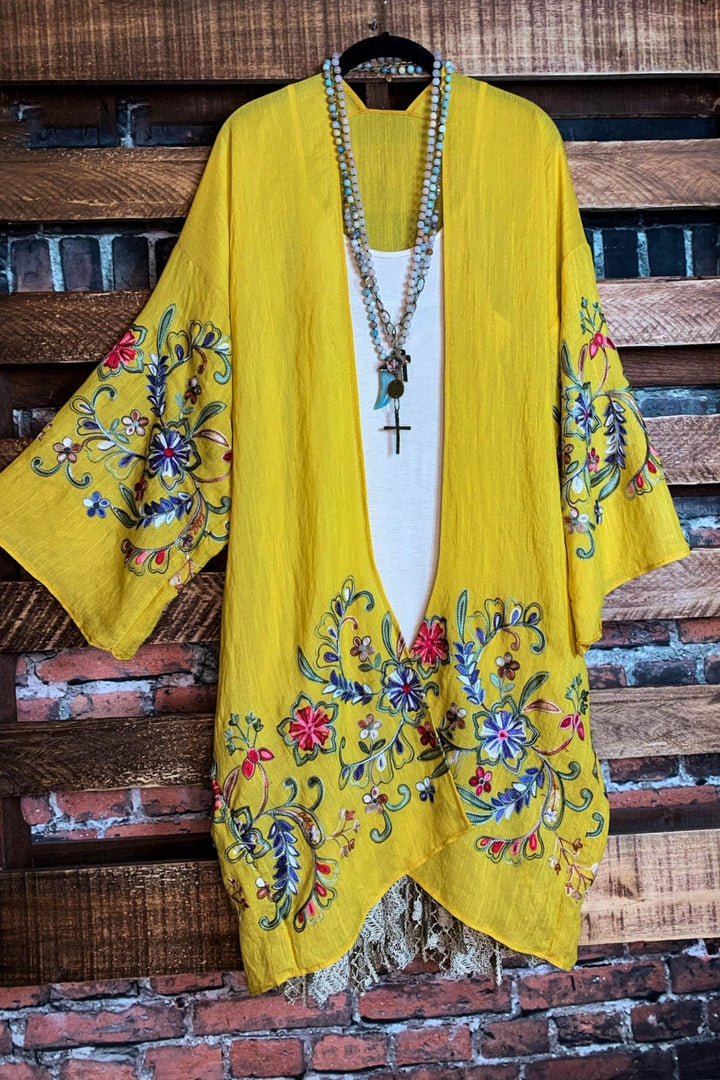 GO WITH GRACE MUSTARD FLORAL EMBROIDERED KIMONO