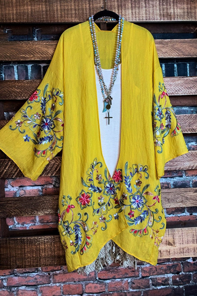 GO WITH GRACE MUSTARD FLORAL EMBROIDERED KIMONO