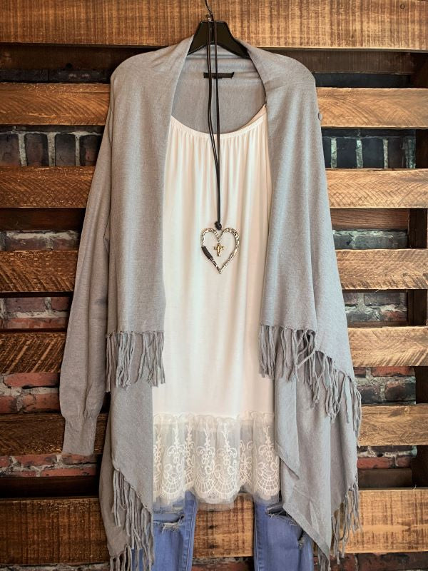 Let's Go To The City Fringe Cardigan in Gray---------------Sale
