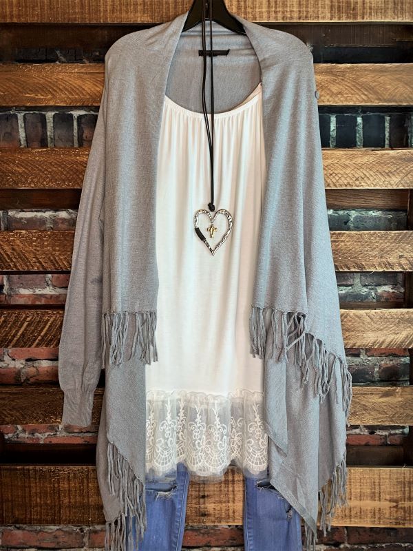 Let's Go To The City Fringe Cardigan in Gray---------------Sale