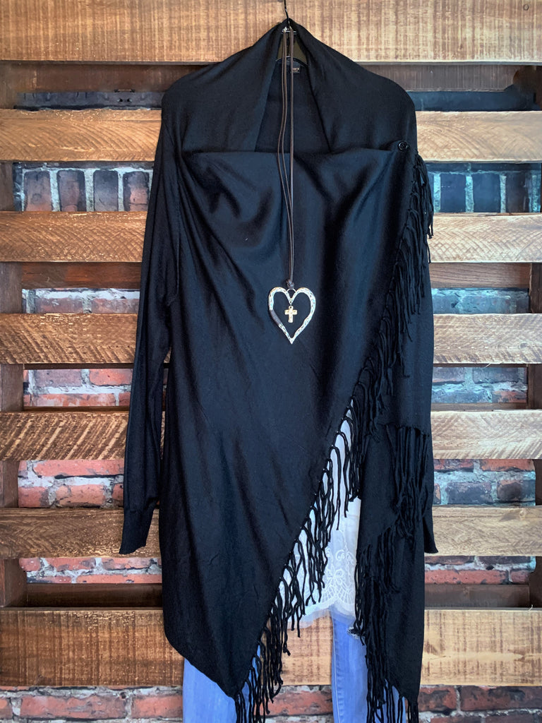 Let's Go To The City Fringe Cardigan in Black-------------Sale