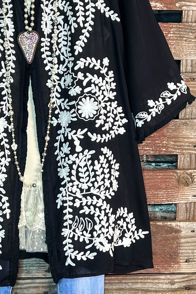 Blooming Love Floral Embroidered Kimono in Black