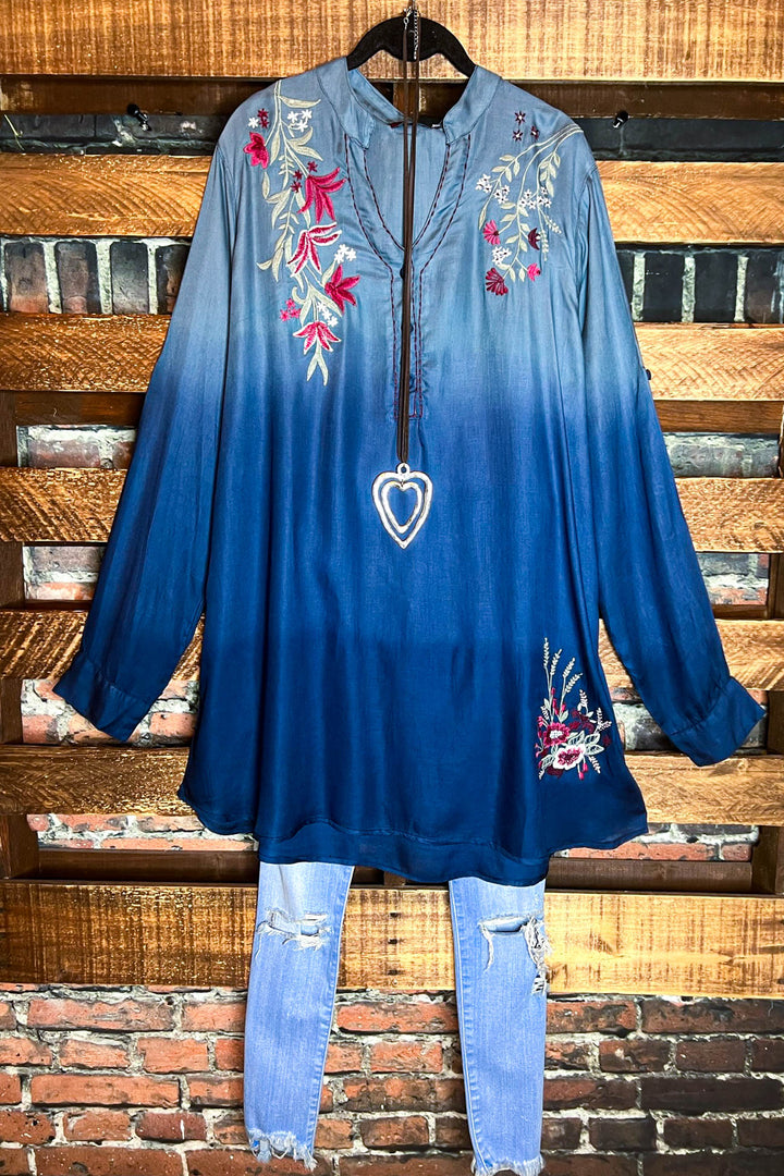 PEASANT GAUZE EMBROIDERED SHIRT IN BLUE TONES---------SALE