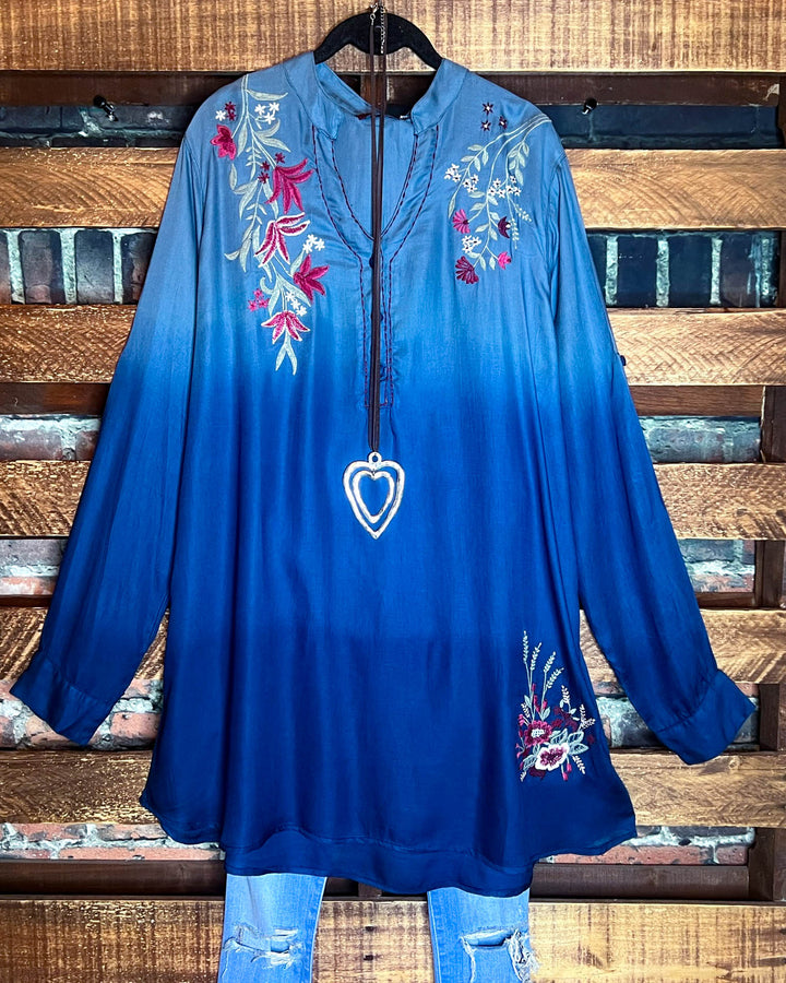 PEASANT GAUZE EMBROIDERED SHIRT IN BLUE TONES---------SALE