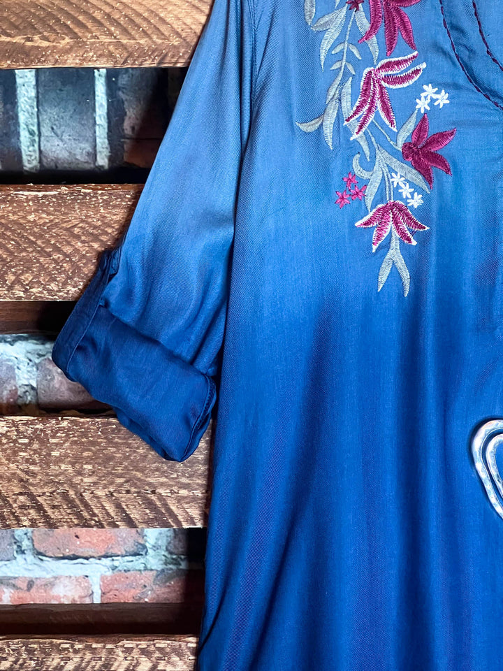 PEASANT GAUZE EMBROIDERED SHIRT IN BLUE TONES---------SALE