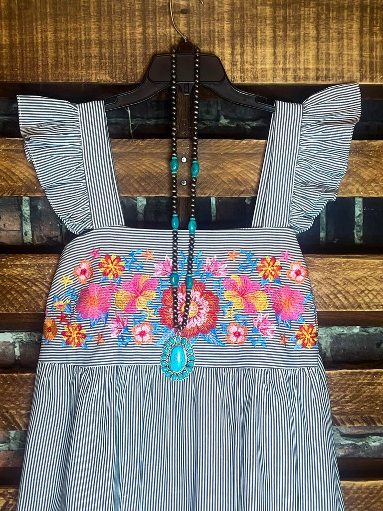 1X 2X 3X Sunkissed Floral & Stripes Babydoll Top in Denim--------SALE