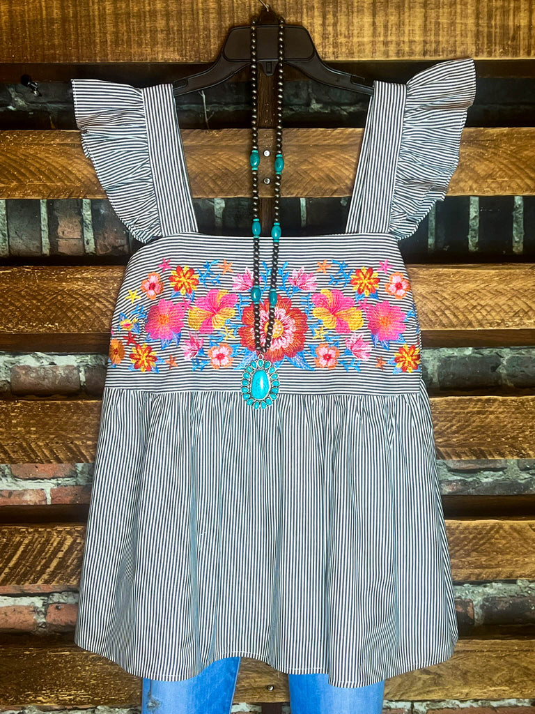 1X 2X 3X Sunkissed Floral & Stripes Babydoll Top in Denim--------SALE