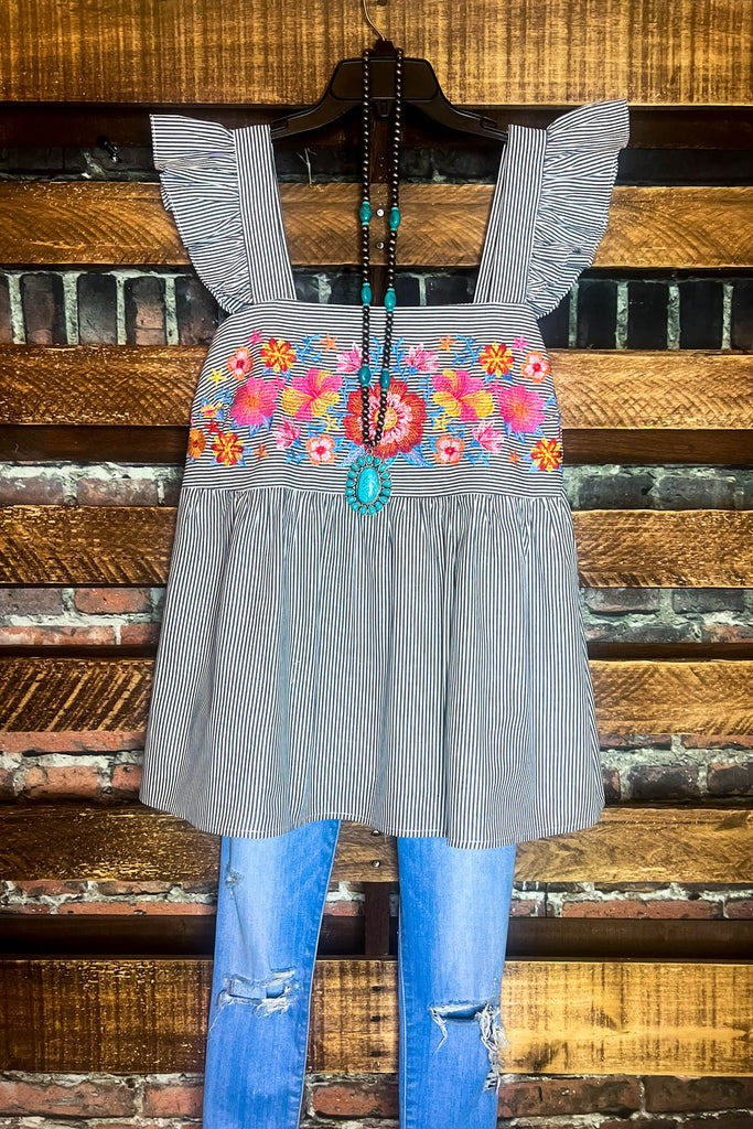 1X 2X 3X Sunkissed Floral & Stripes Babydoll Top in Denim--------SALE