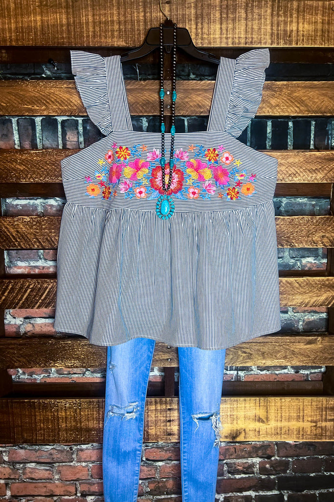 1X 2X 3X Sunkissed Floral & Stripes Babydoll Top in Denim--------SALE